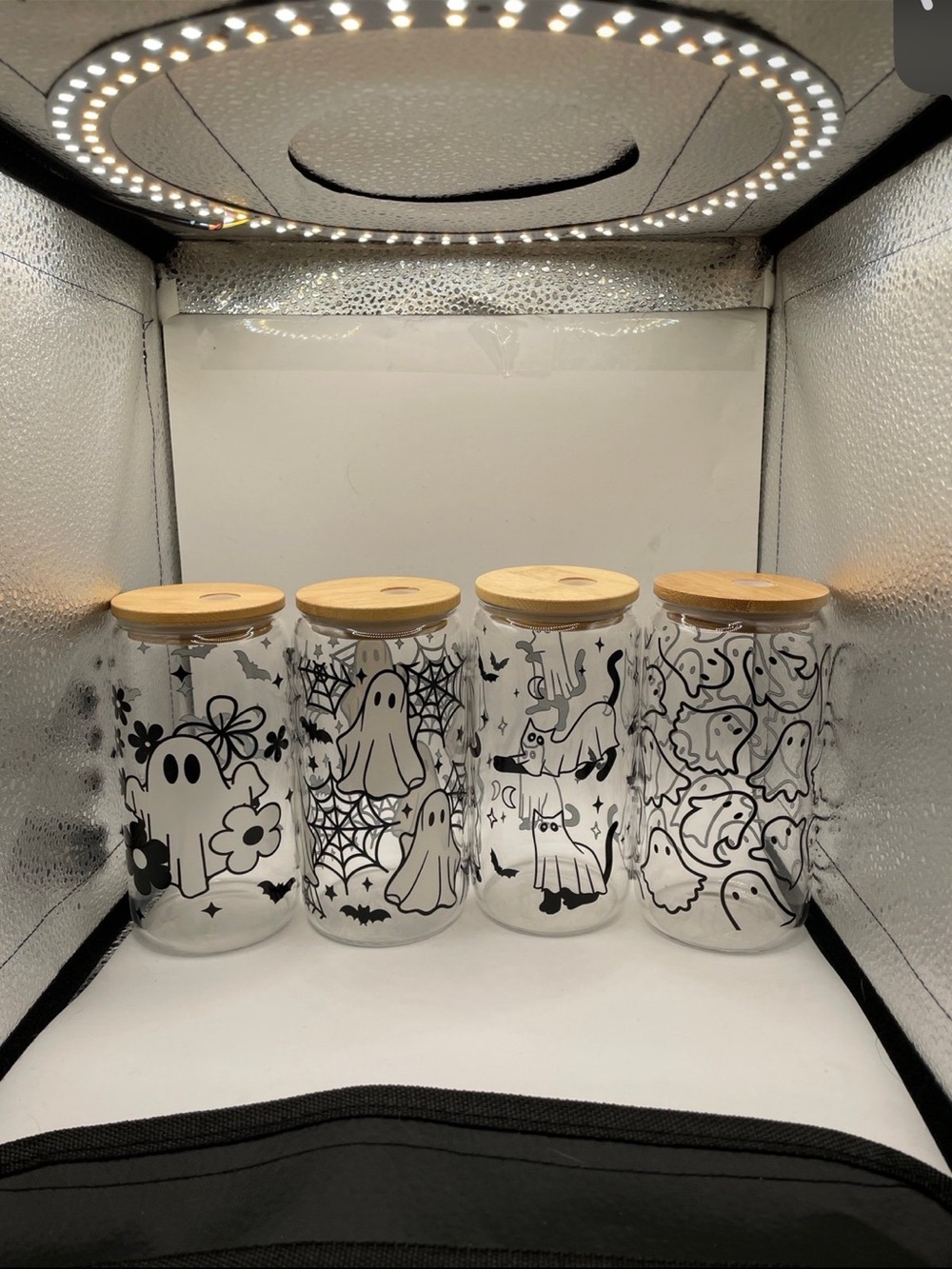 Set of 4 Glass Canisters with Bamboo Lids - Black Ghost & Halloween Motifs